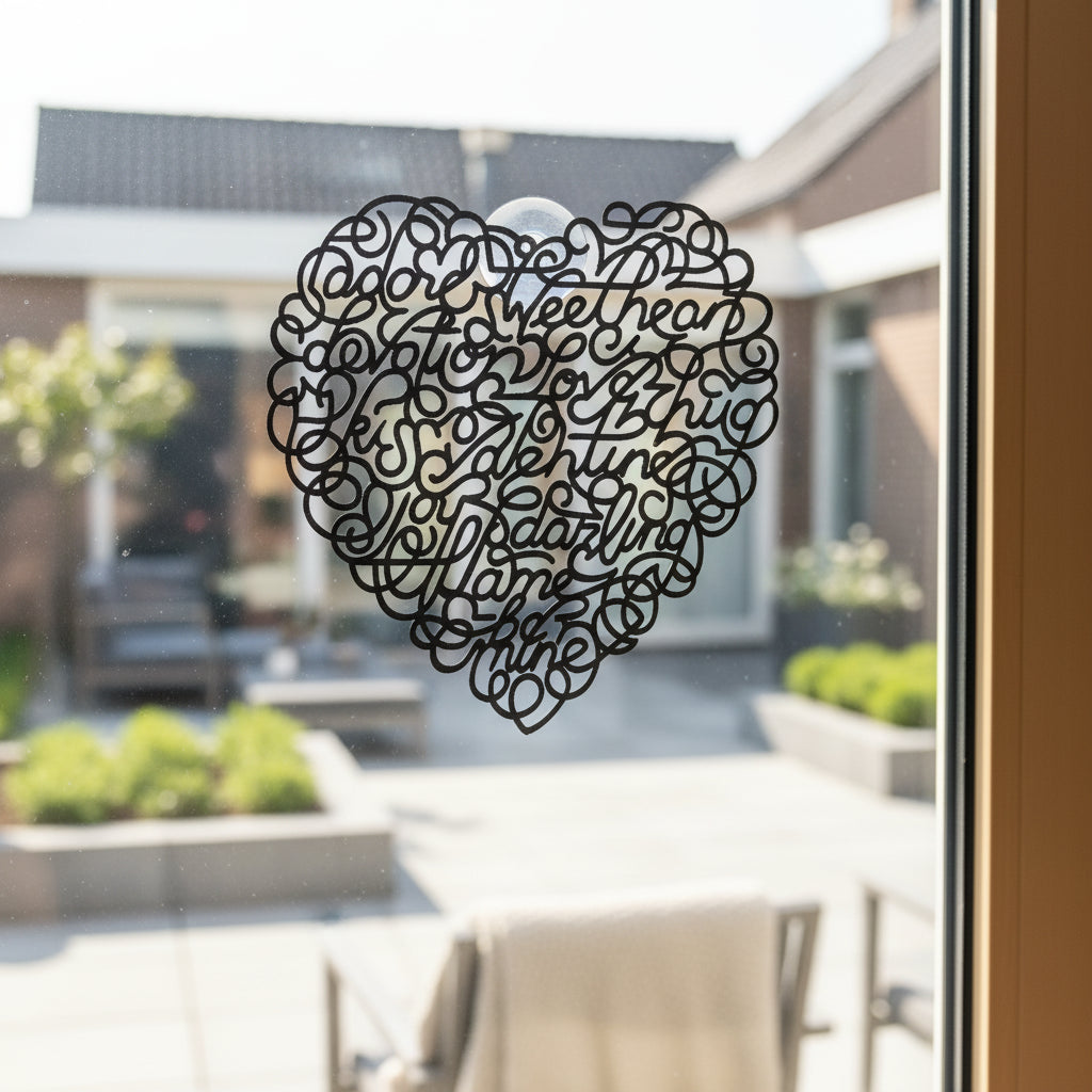 Het Hart van Woorden hangend voor het raam met uitzich op een moderne tuin, waar licht en schaduw de verborgen woorden in het 3D ontwerp zacht laten spreken.