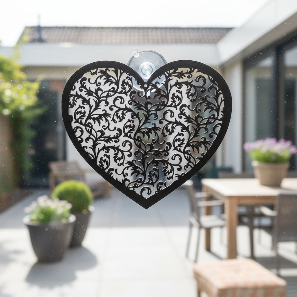 Het Zielshart hangend voor het raam, waar het open 3D ontwerp speelt met daglicht in een moderne tuin.