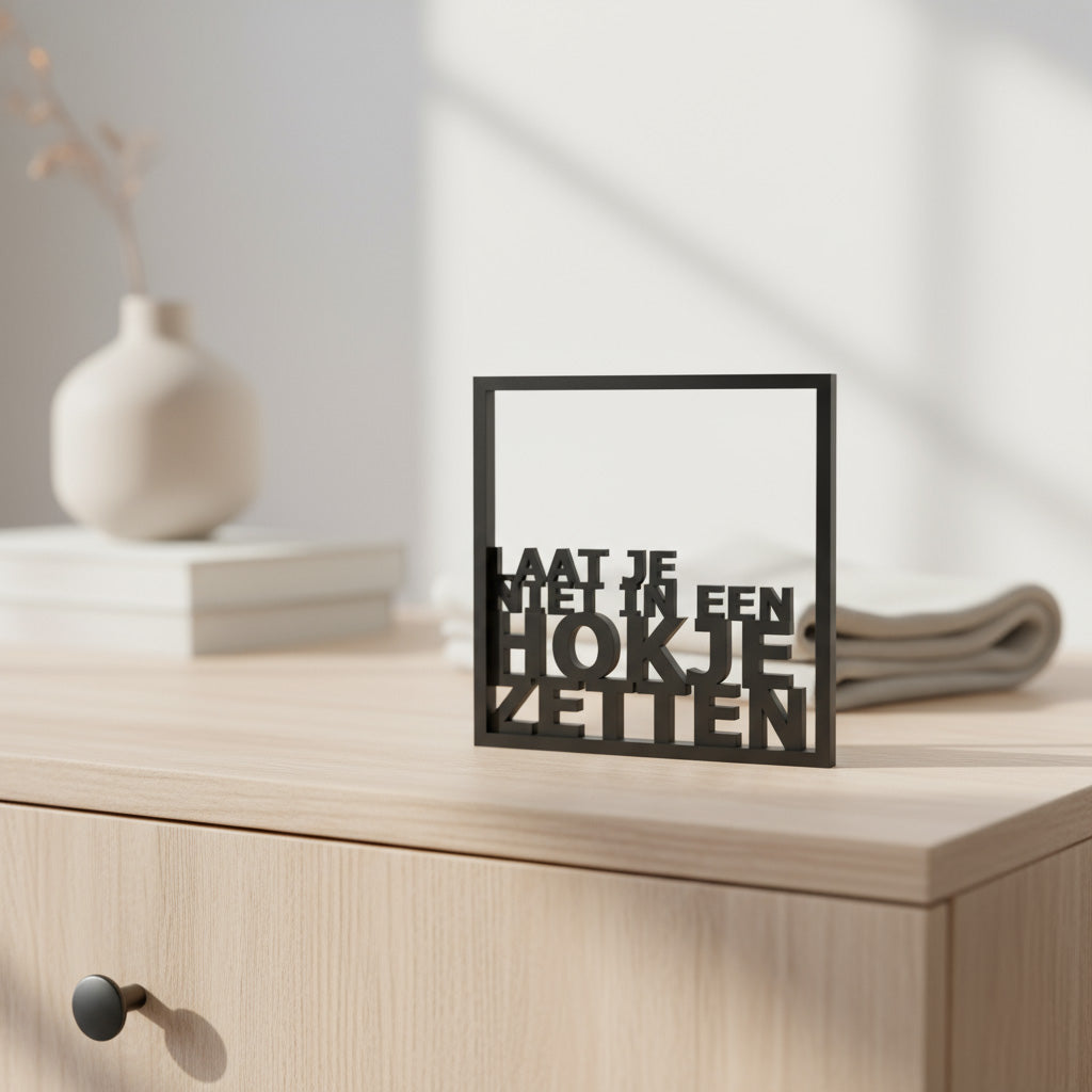 Detail van Laat je niet in een hokje zetten – typografisch 3D-design met krachtige boodschap