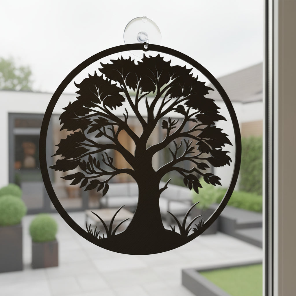 Levensboom Kroon van Rustvolle Groei voor aan het raam met uitzicht op een moderne tuin – sfeervol en rustgevend interieuraccent