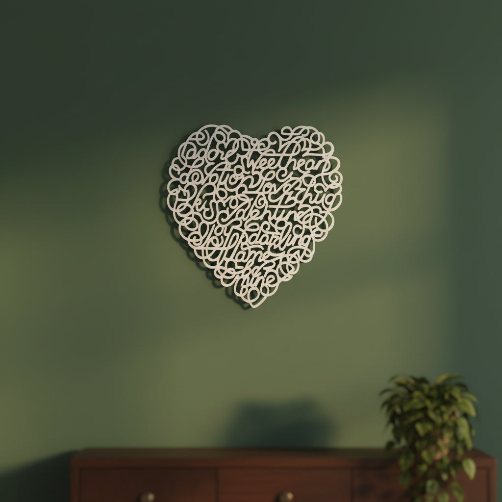 Het Hart van Woorden als 3D wanddecoratie boven een dressoir, een betekenisvol ontwerp dat uitnodigt tot kijken en ontdekken in het interieur.