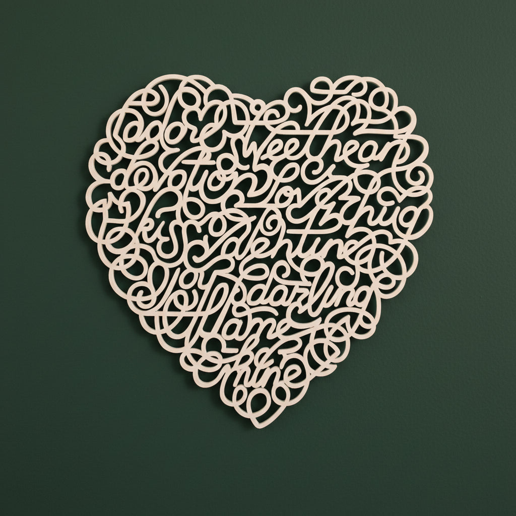 Detail van het Hart van Woorden, een 3D-geprint hart waarin woorden en vormen subtiel zijn verweven als symbool van liefde en betekenis.