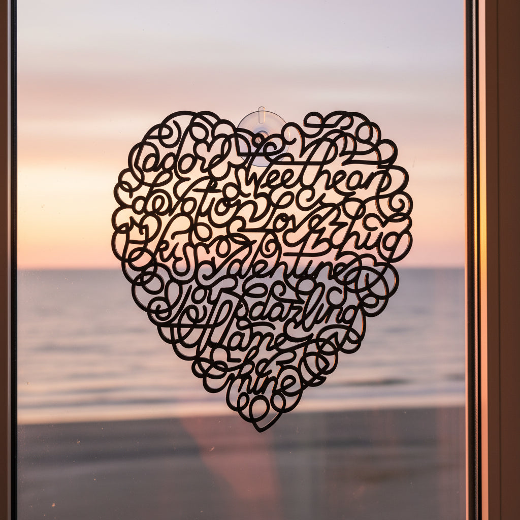 Het Hart van Woorden hangend voor het raam, waar licht en schaduw de verborgen woorden in het 3D ontwerp zacht laten spreken.