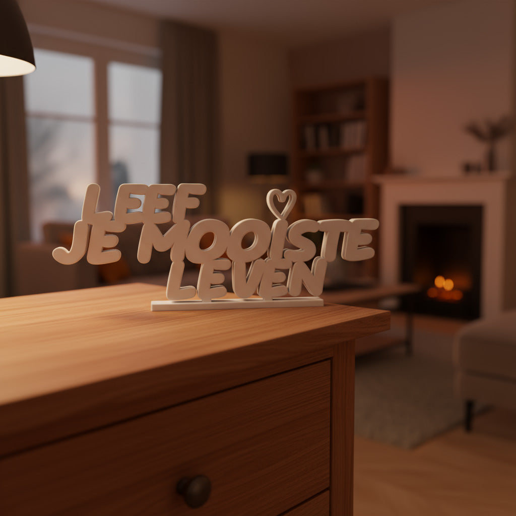 Leef je mooiste leven – 3D-geprint decoratie met positieve quote, exclusief Onwies Shop