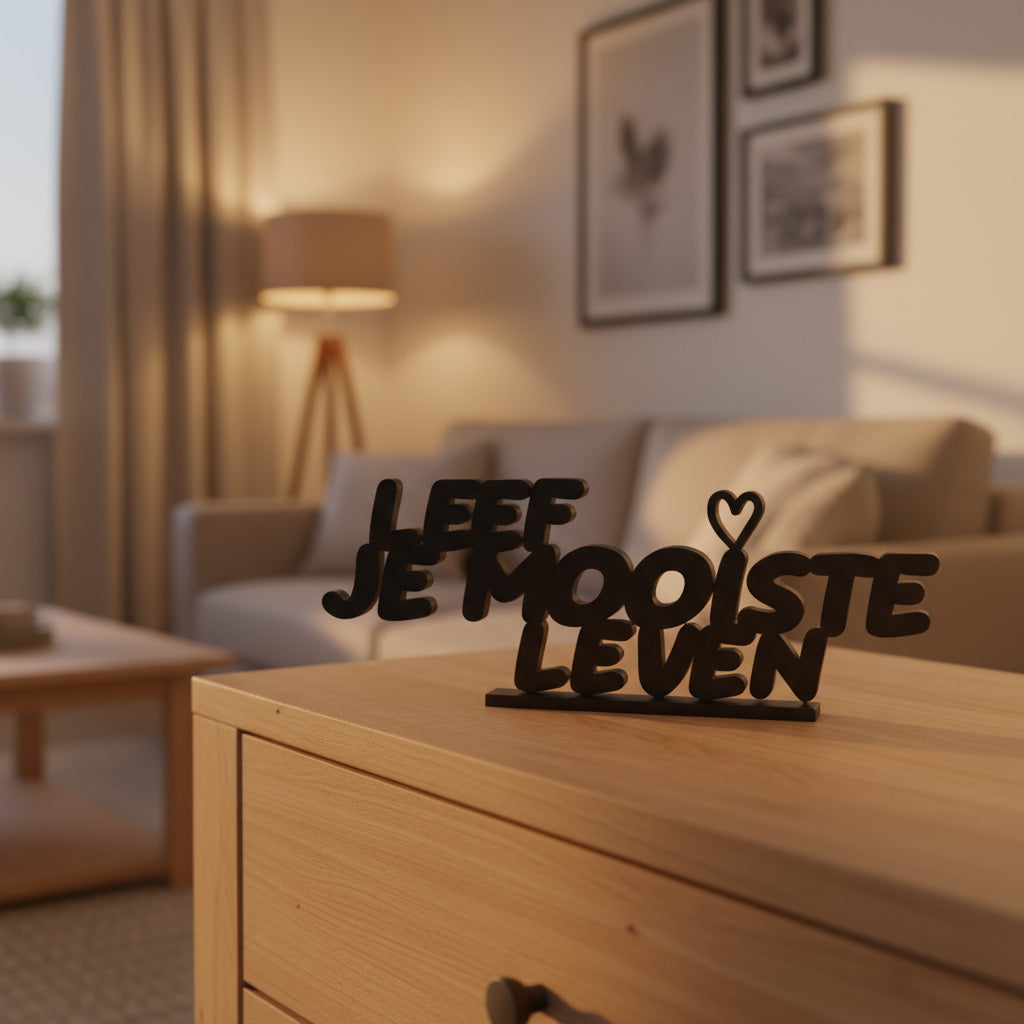 Detail van Leef je mooiste leven – typografisch 3D-design met inspirerende boodschap