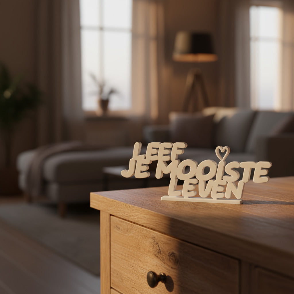 Inspirerende decoratie Leef je mooiste leven – moderne 3D-geprinte spreuk voor een warm interieur