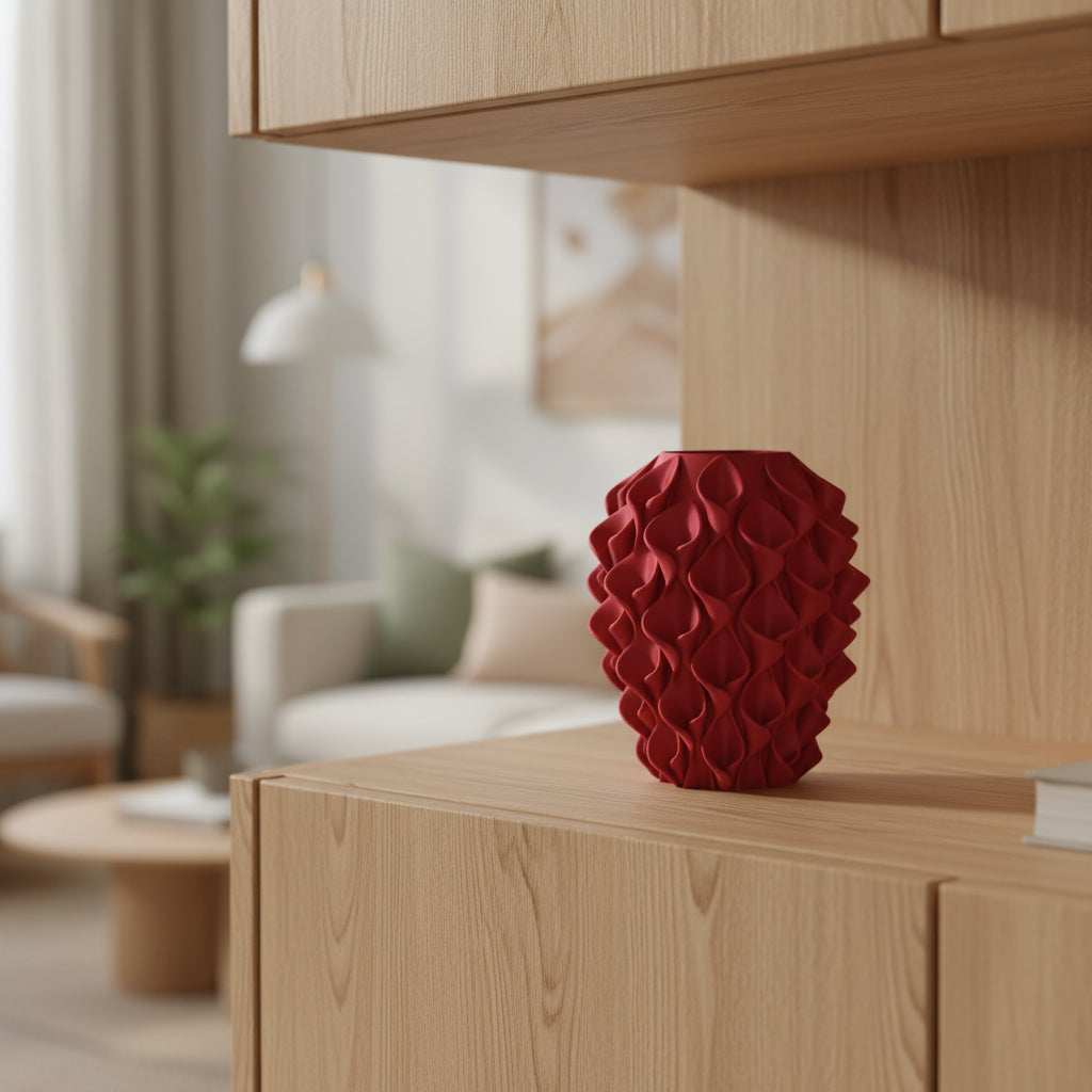 Seravasa designvaas in donkerrood op houten kast in licht interieur