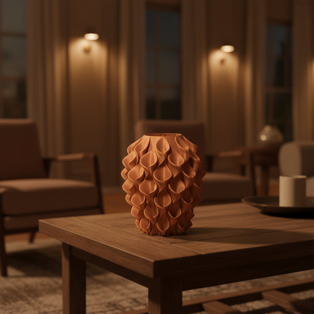 Seravasa 3D-geprinte designvaas in terracotta op houten tafel in warm interieur