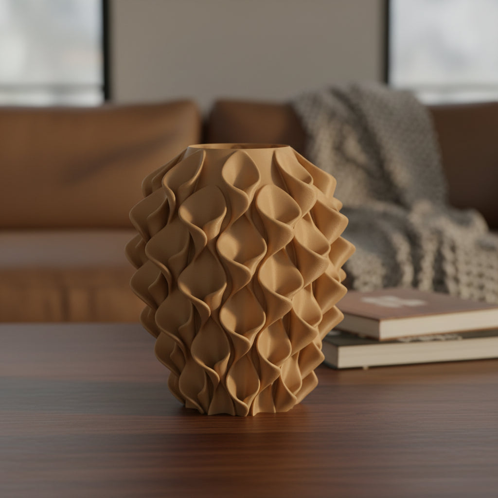Seravasa 3D-geprinte vaas in karamel op houten tafel in warm interieur