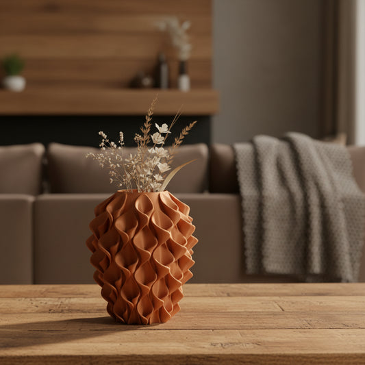 Seravasa 3D-geprinte designvaas in terracotta op houten tafel in warm interieur
