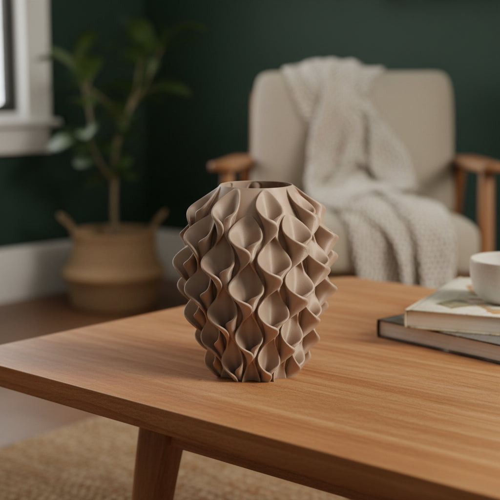 Seravasa designvaas in lattebruin op houten tafel in licht interieur met groene muur