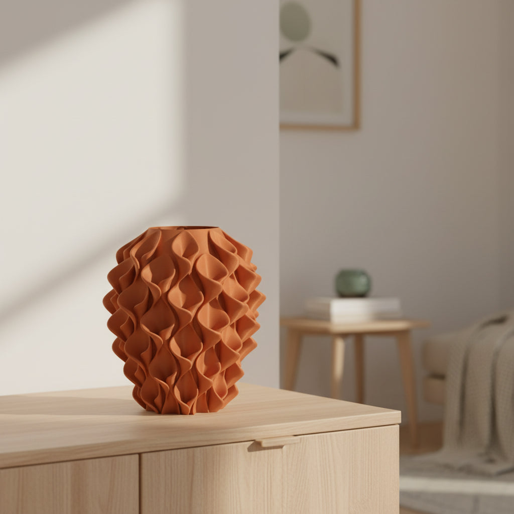 Seravasa vaas in terracotta op houten kast in licht interieur