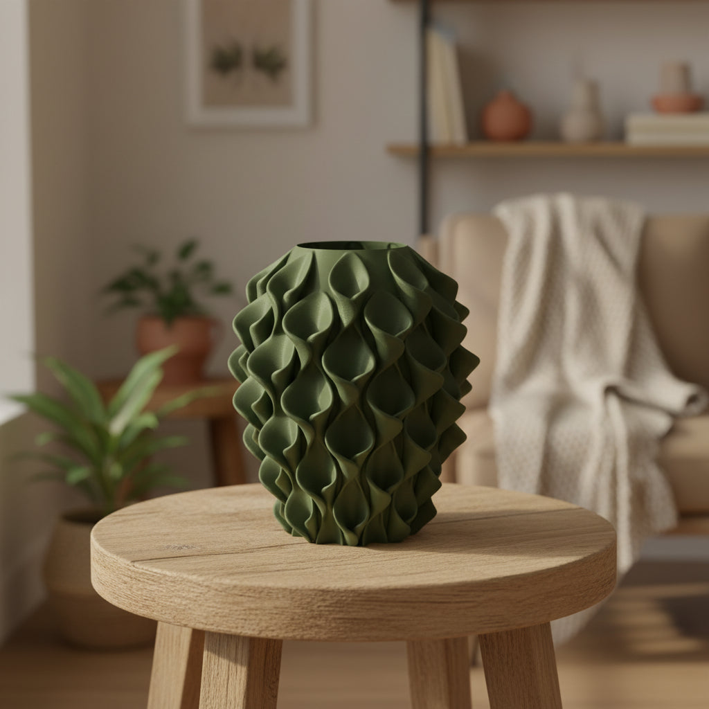 Vireva designvaas in donkergroen op ronde tafel in licht interieur