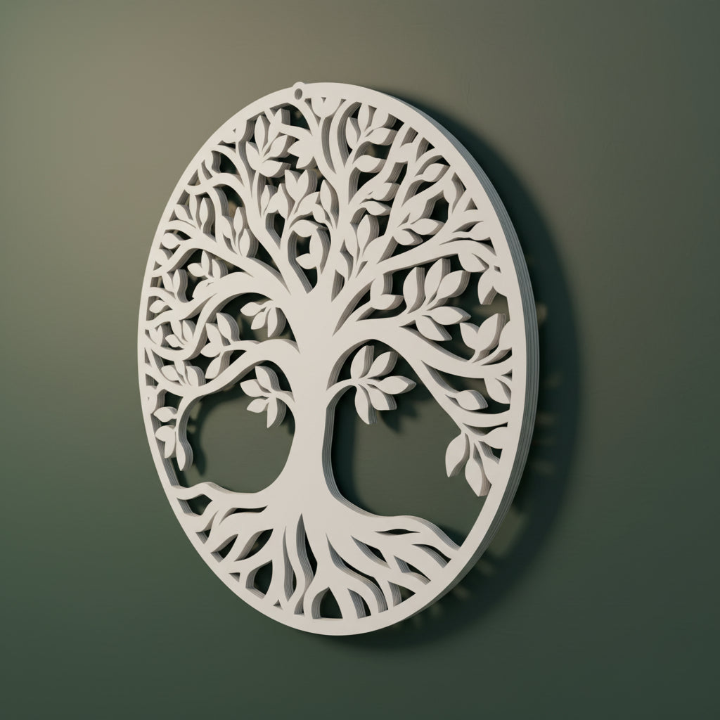 Levensboom Cirkel van Rustkracht in wit – 3D-geprinte wand- en raamhanger met ronde balansvorm