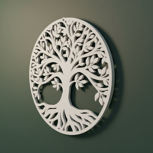 Levensboom Cirkel van Rustkracht in wit – 3D-geprinte wand- en raamhanger met ronde balansvorm