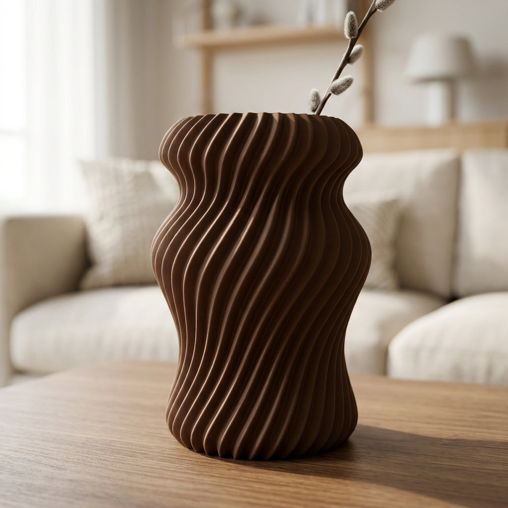 Vireva designvaas in donkerbruin op houten tafel in licht interieur