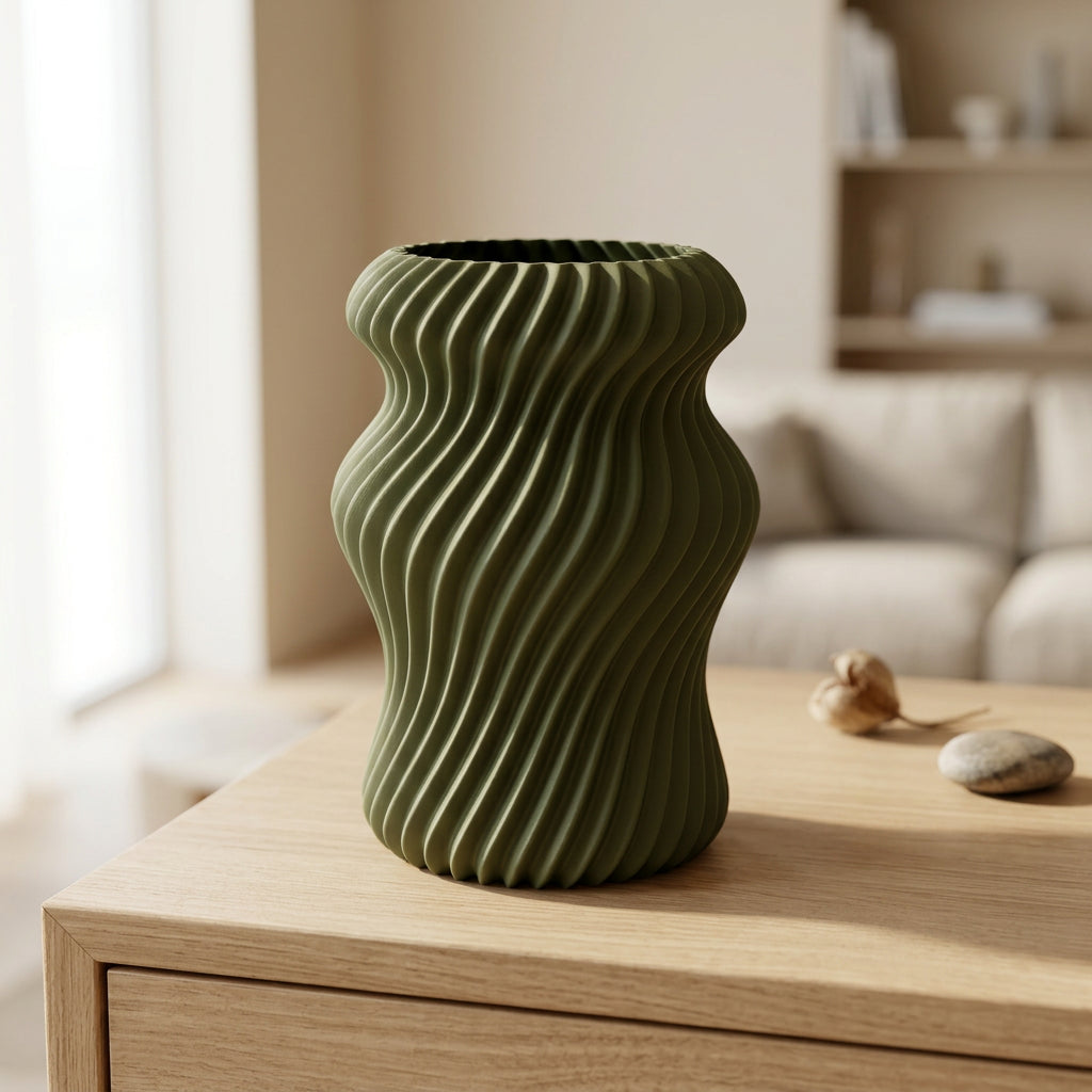 Vireva 3D-geprinte designvaas in donkergroen op houten tafel in licht interieur