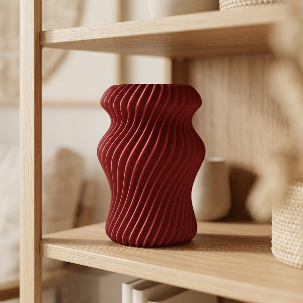 Vireva designvaas in donkerrood in houten kastnis