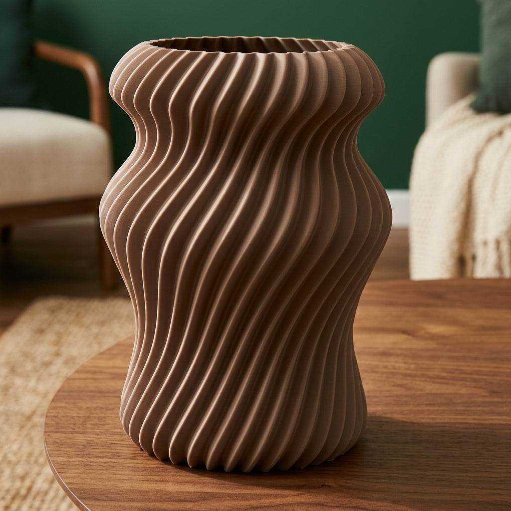 Vireva 3D-geprinte vaas in lattebruin op houten tafel in warm interieur