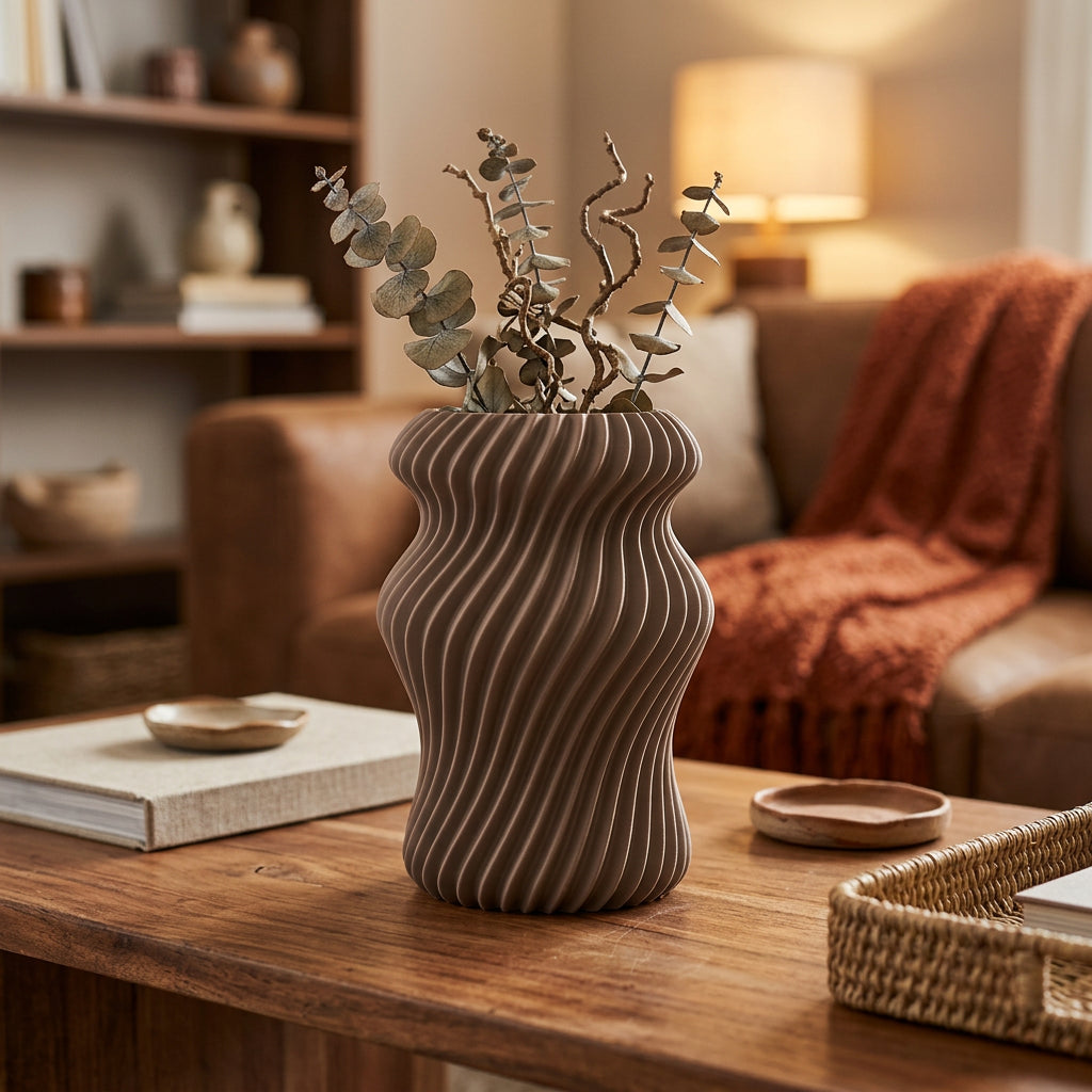 Vireva designvaas in lattebruin op houten tafel in warm interieur