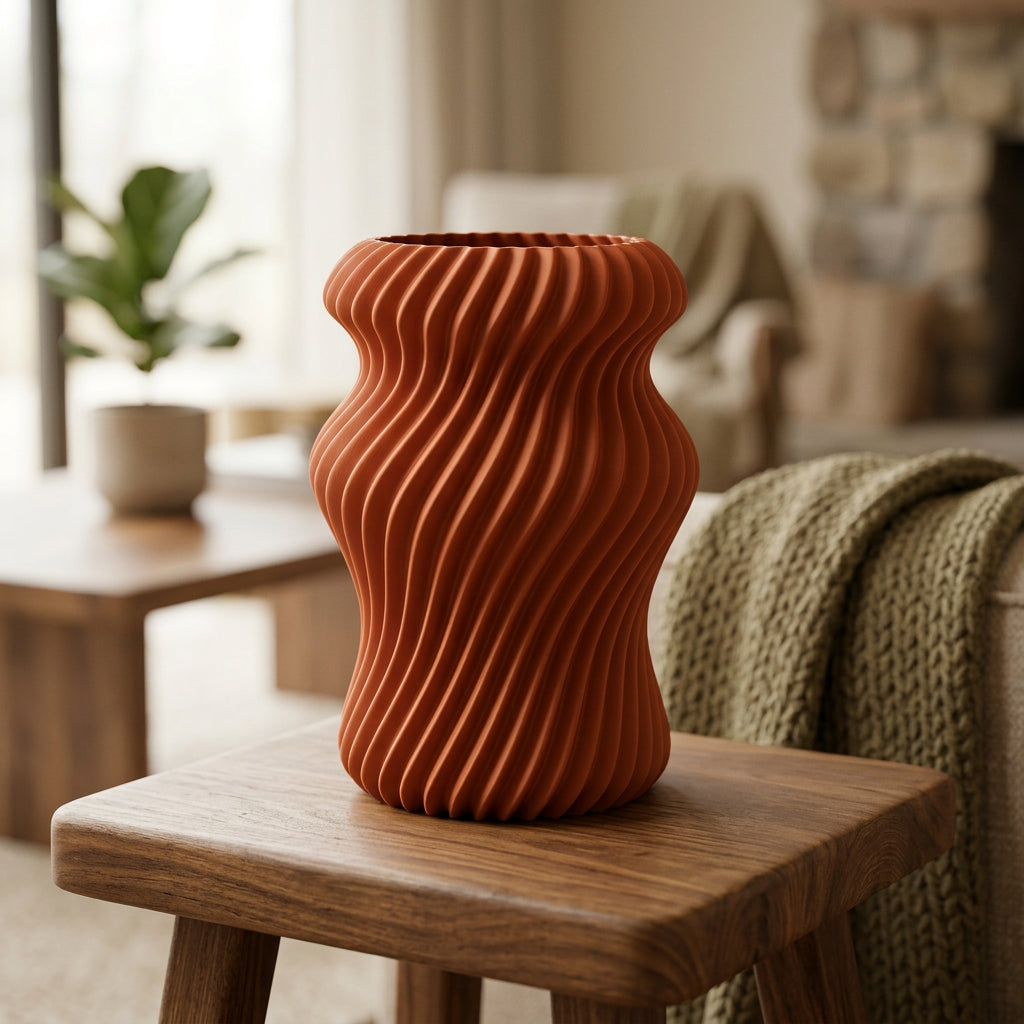 Vireva 3D-geprinte vaas in terracotta op houten tafel in warm interieur
