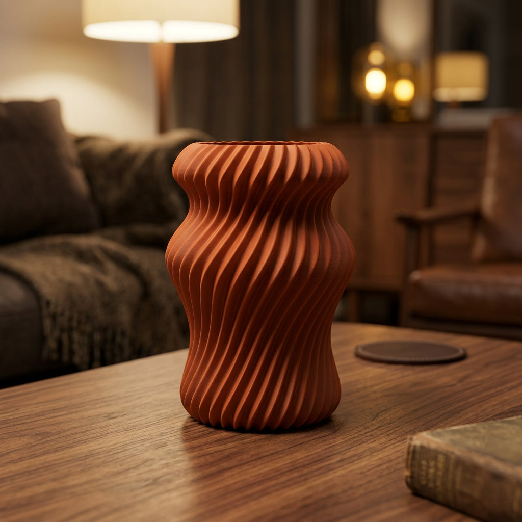 Vireva 3D-geprinte vaas in terracotta op houten tafel naast bank