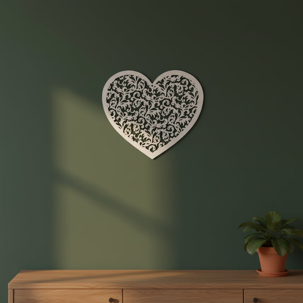 Het Zielshart als 3D wanddecoratie boven een dressoir, een elegant en rustgevend ontwerp dat licht en schaduw vangt in het interieur.