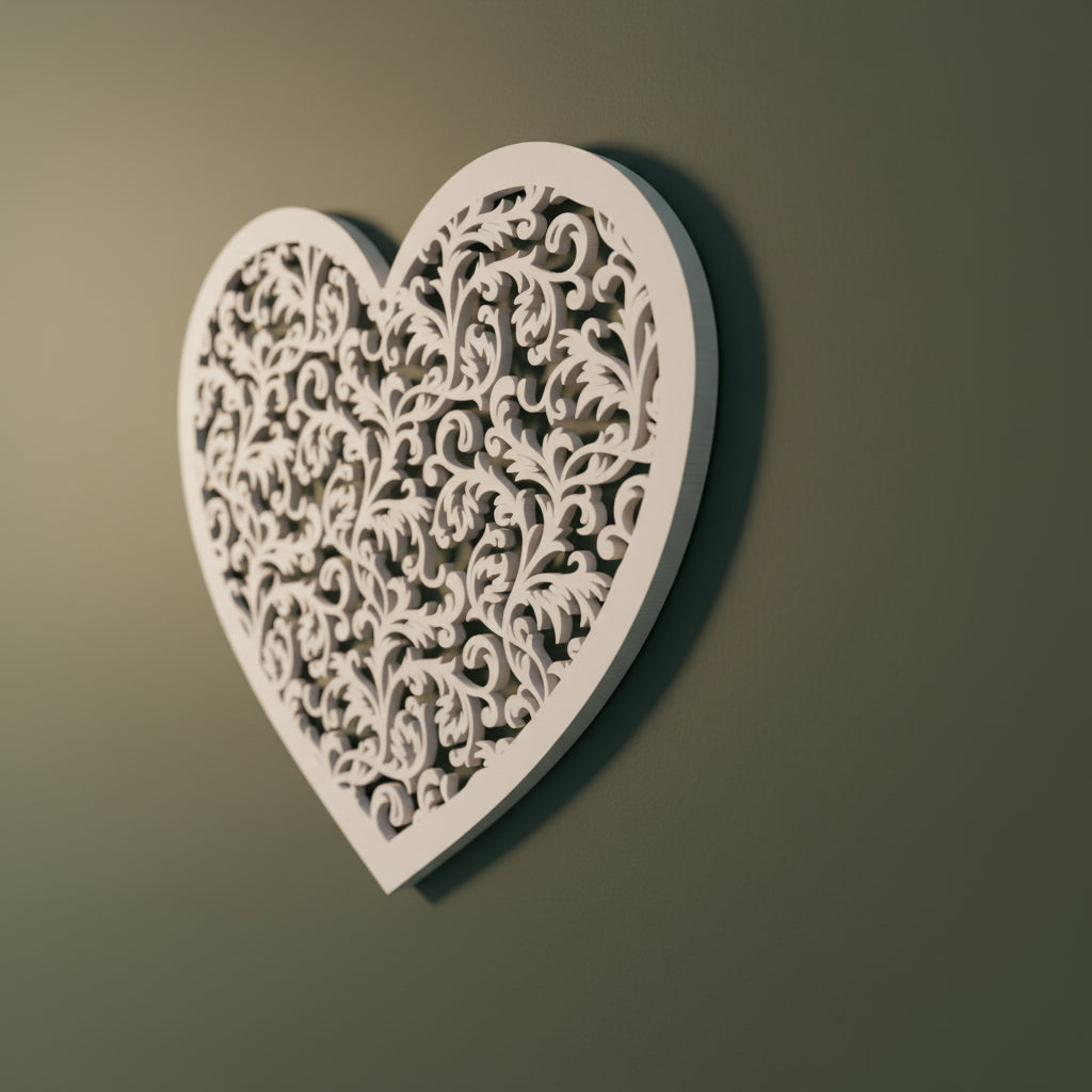 Detail van het Zielshart, een verfijnd 3D-geprint hart met open patronen die rust, balans en verstilling uitstralen.