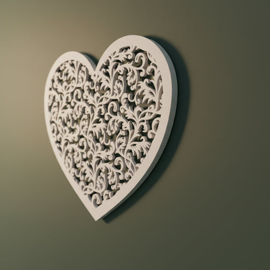 Detail van het Zielshart, een verfijnd 3D-geprint hart met open patronen die rust, balans en verstilling uitstralen.