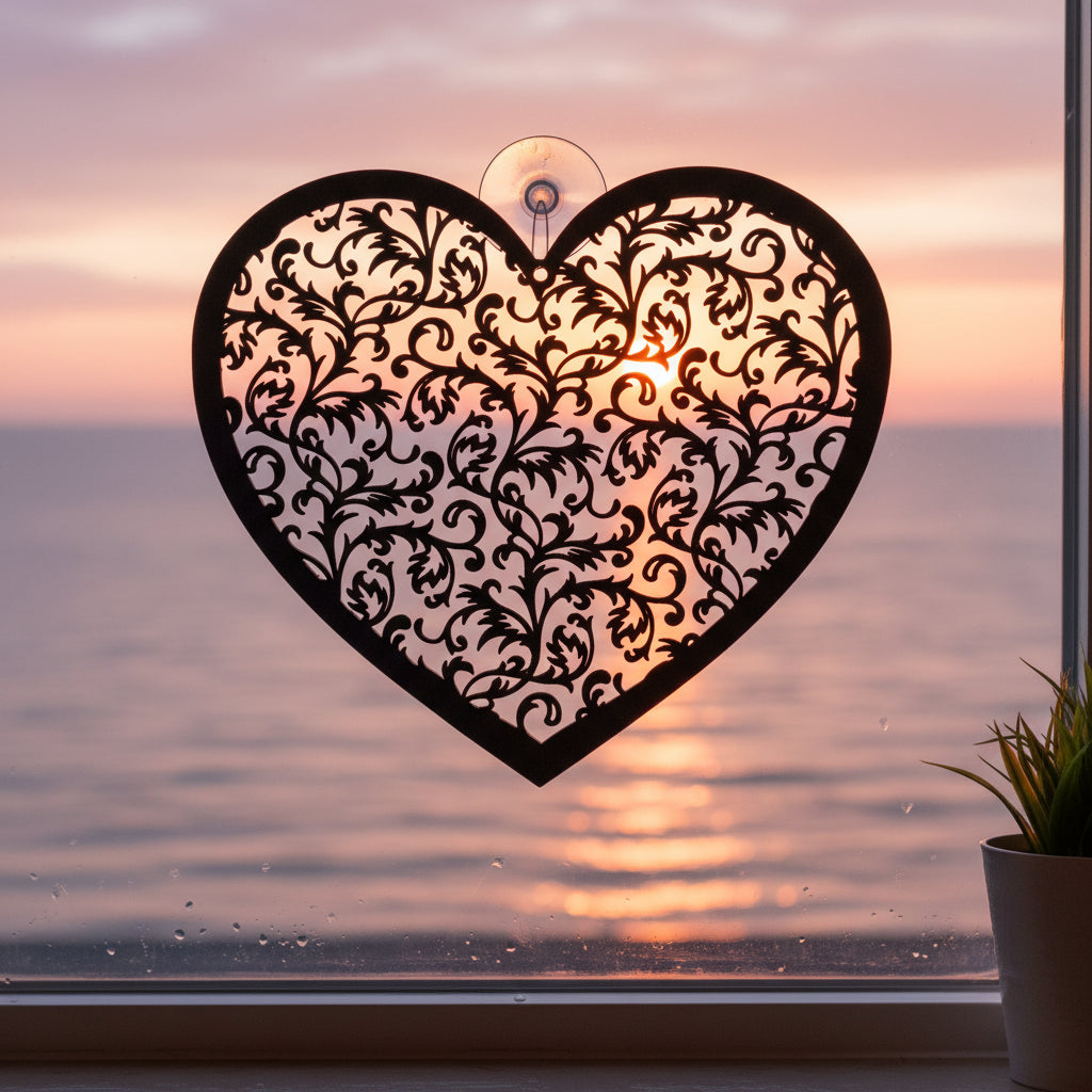 Het Zielshart hangend voor het raam, waar het open 3D ontwerp speelt met daglicht en een gevoel van stilte en harmonie oproept.