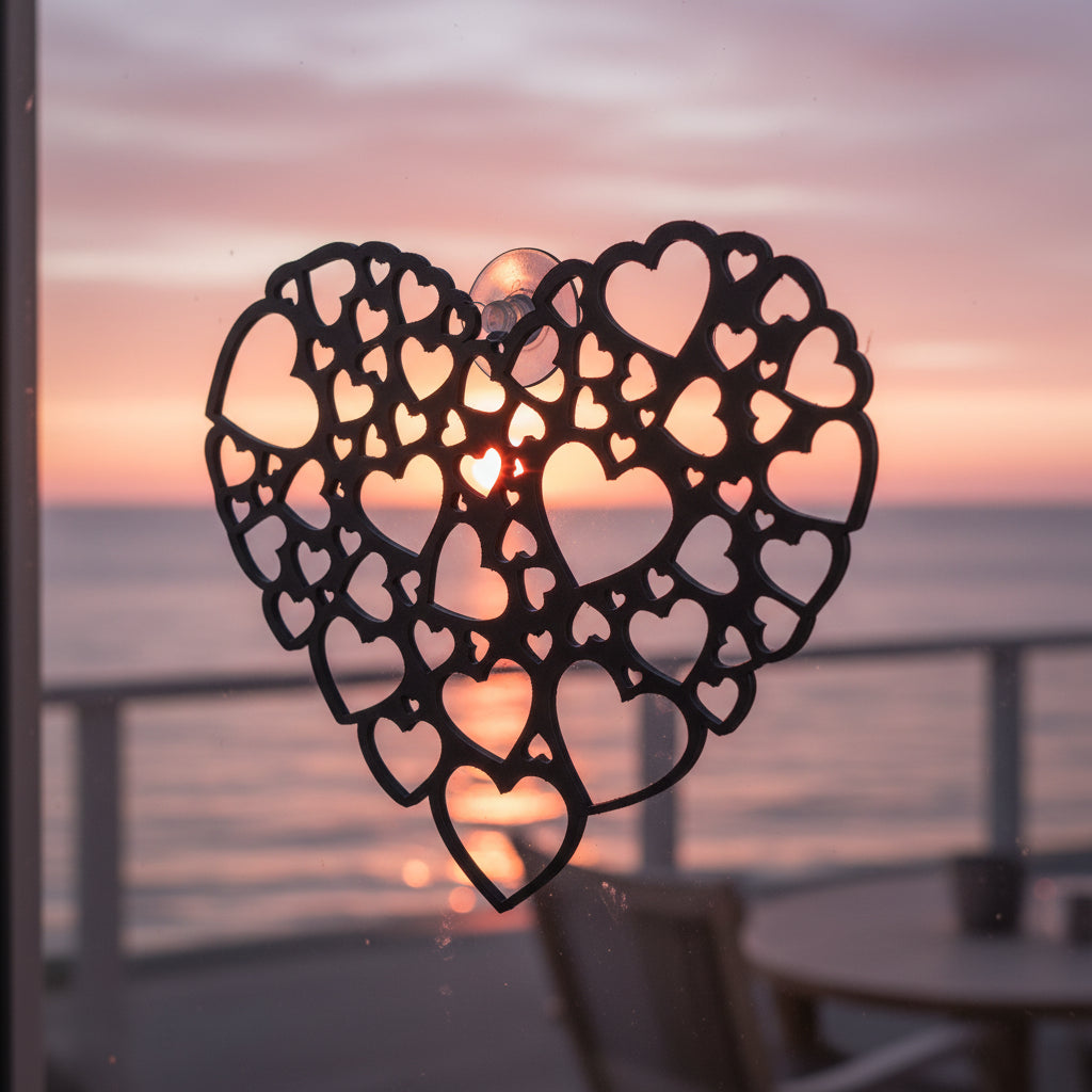 Het Hart van Samenzijn hangend voor het raam, waar het open 3D ontwerp speelt met licht en schaduw en een gevoel van samenzijn en harmonie oproept.