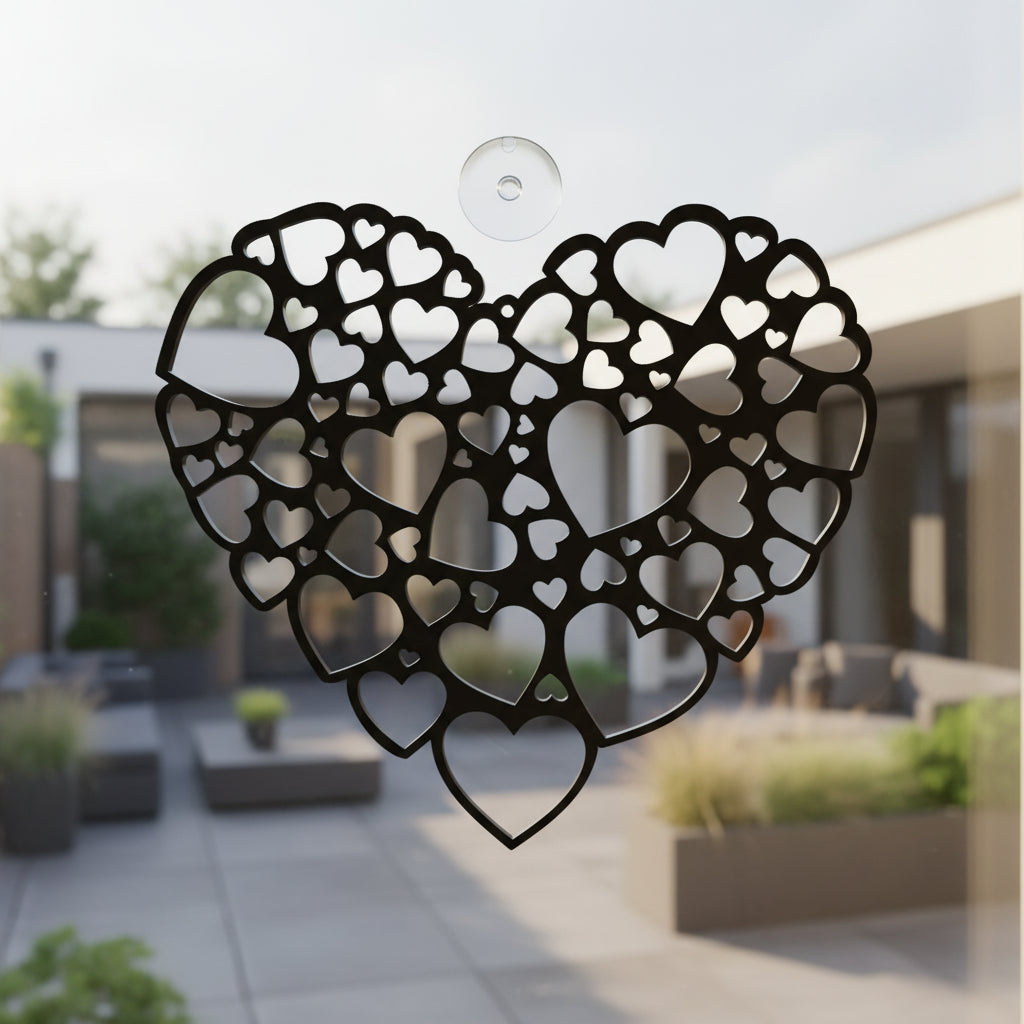 Het Hart van Samenzijn hangend voor het raam met uitzicht op een moderne tuin.