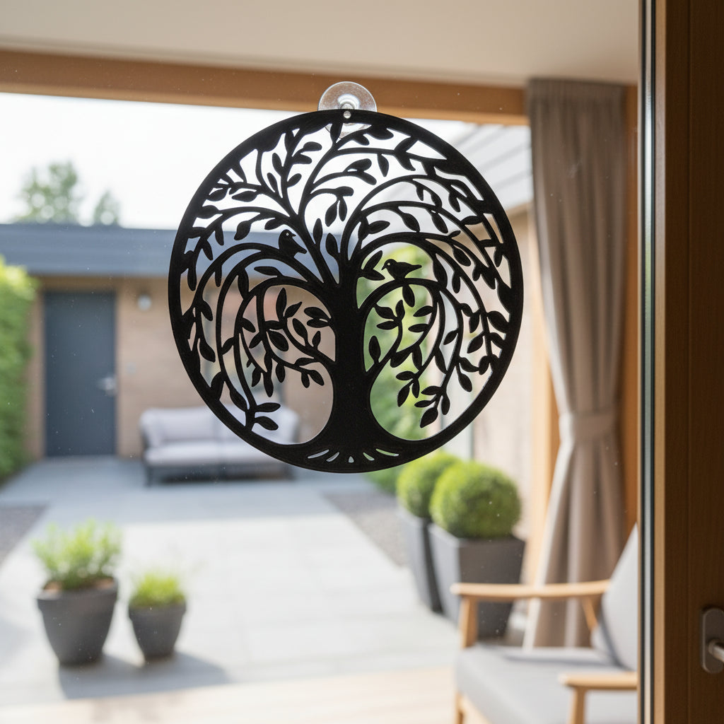 Levensboom Zachte Overgave hangend voor een raam met uitzicht op een moderne tuin – geschikt voor aan de muur of voor het raam