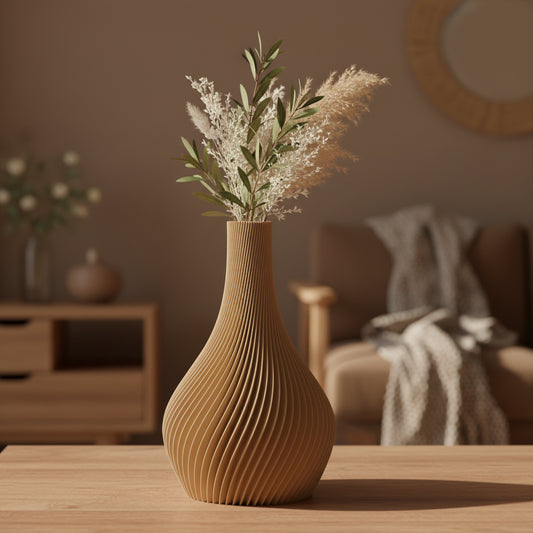 Avelora 3D-geprinte vaas in karamel met droogbloemen op houten tafel