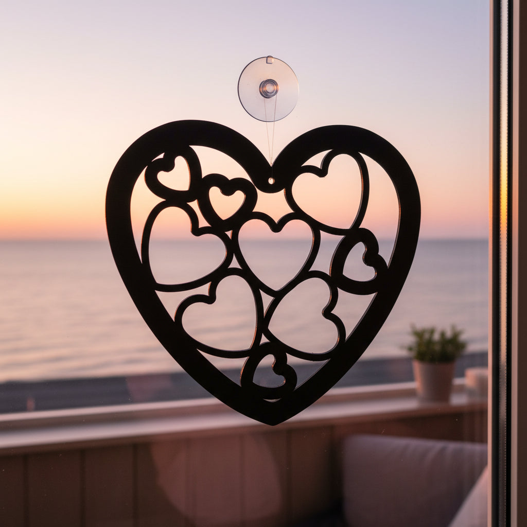 Het Hart van Samengekomen Liefde hangend voor het raam, waar het 3D ontwerp speelt met licht en schaduw en rust en betekenis uitstraalt.