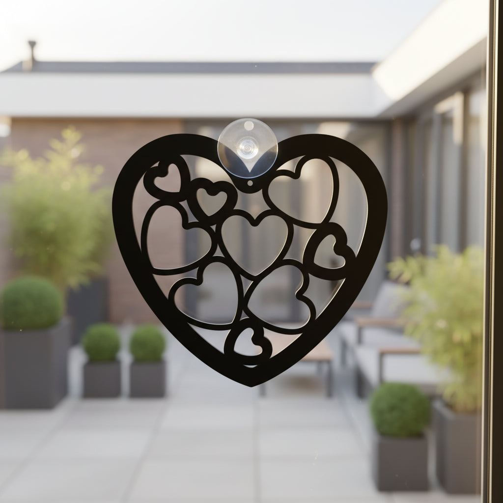 Het Hart van Samengekomen Liefde hangend voor het raam met uitzicht op een moderne tuin.
