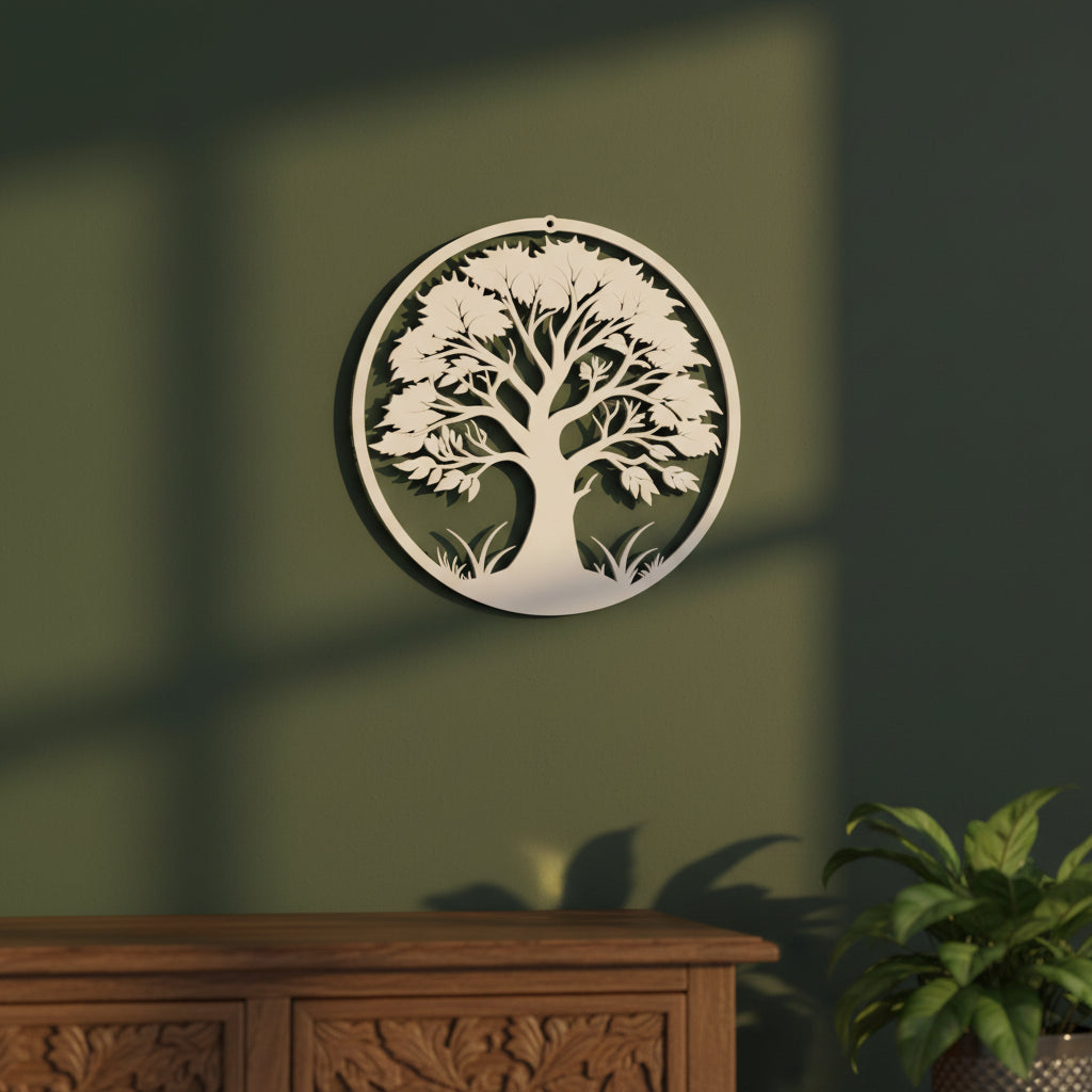 Levensboom Kroon van Rustvolle Groei – rustgevend 3D wand- en raamdecor in cirkelvorm