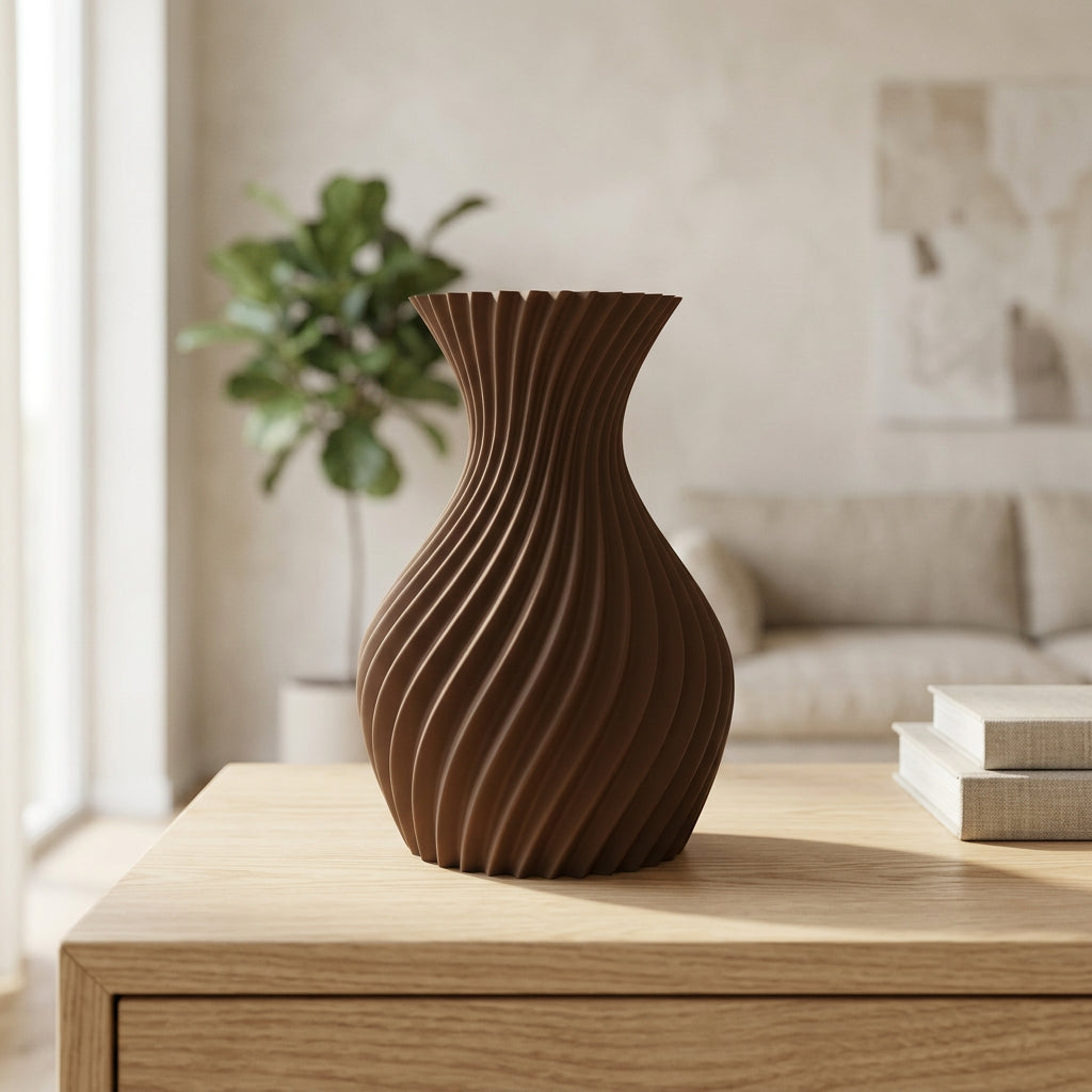3D-geprinte designvaas in donkerbruin op houten tafel in licht interieur