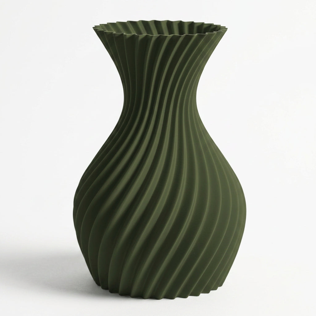 3D-geprinte designvaas in donkergroen op witte achtergrond