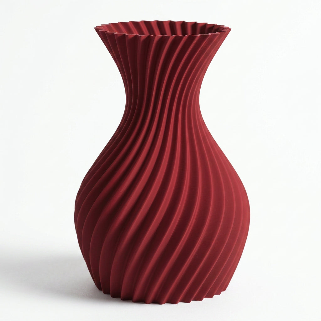 3D-geprinte designvaas in donkerrood op witte achtergrond