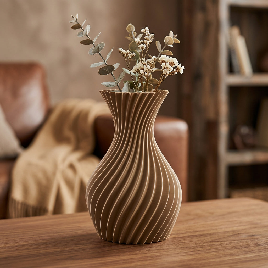 3D-geprinte designvaas in lattebruin met droogbloemen op houten tafel