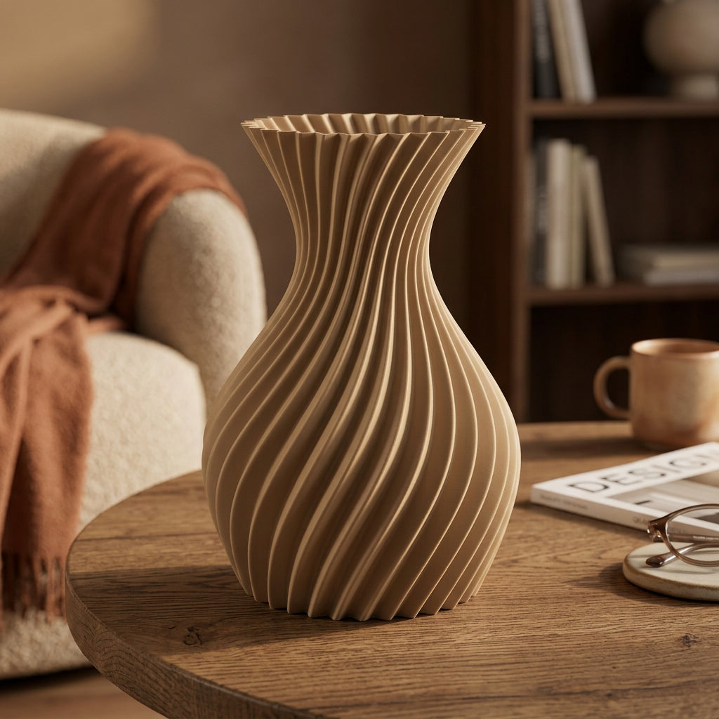 3D-geprinte designvaas in karamel op houten tafel in warm interieur