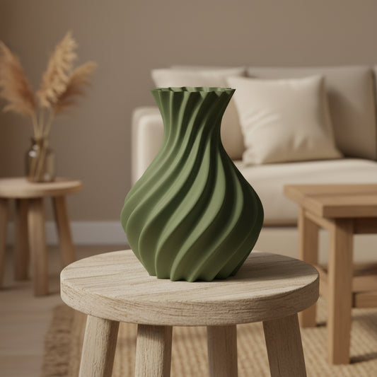 Lunora 3D-geprinte vaas in donkergroen op ronde houten tafel