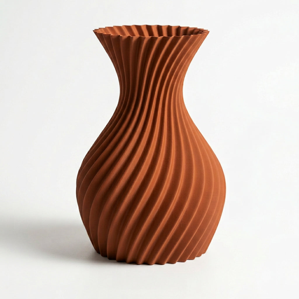 3D-geprinte designvaas in terracotta op witte achtergrond