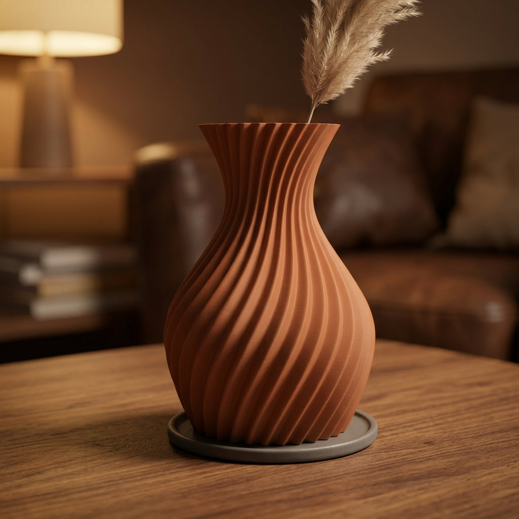 3D-geprinte designvaas in terracotta op houten tafel in warm interieur