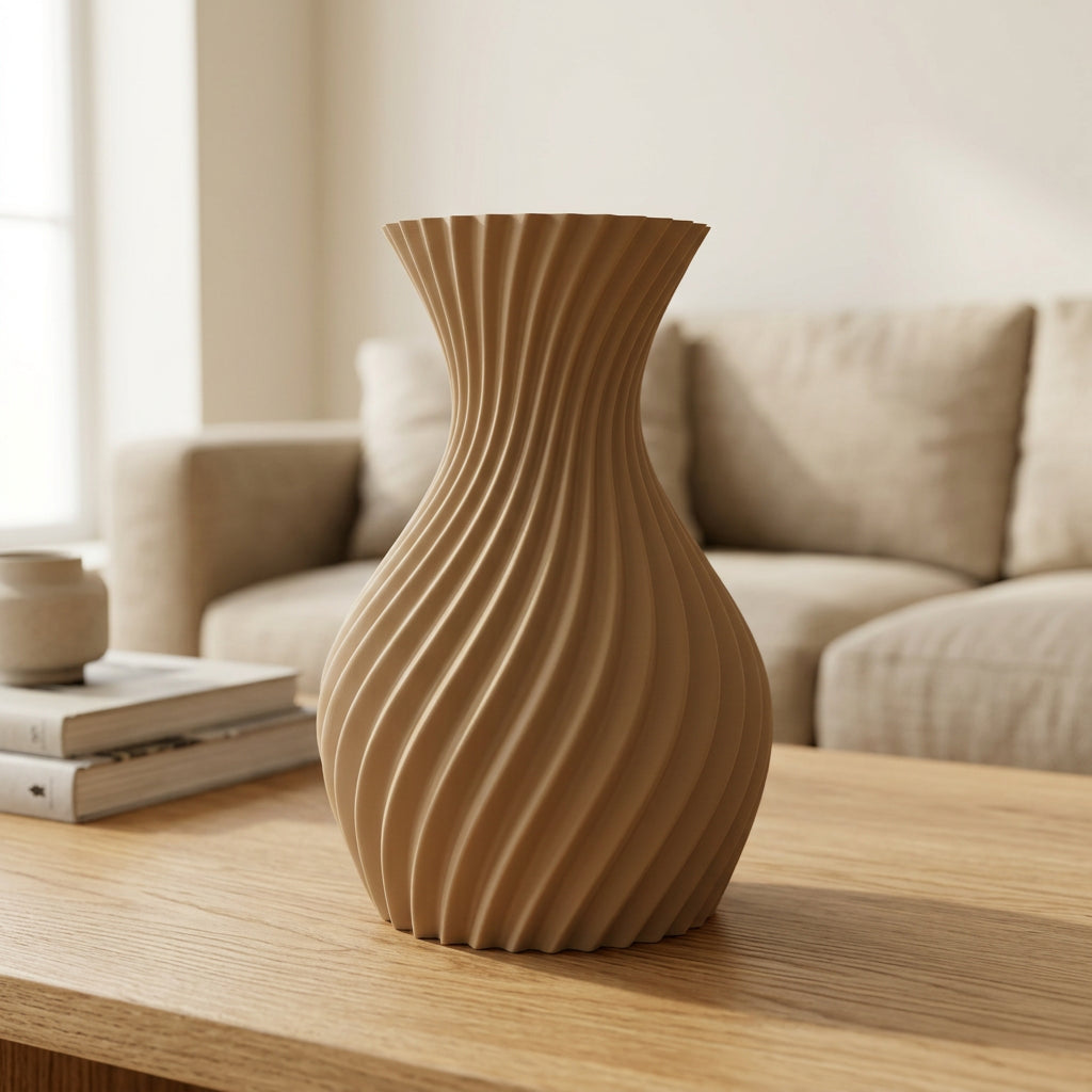 3D-geprinte designvaas in woestijnbruin op houten tafel in licht interieur