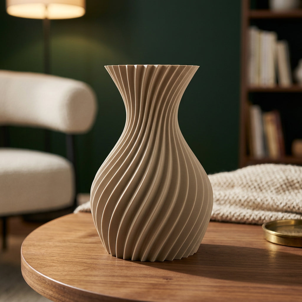 3D-geprinte designvaas in woestijnbruin op ronde houten tafel in warm interieur