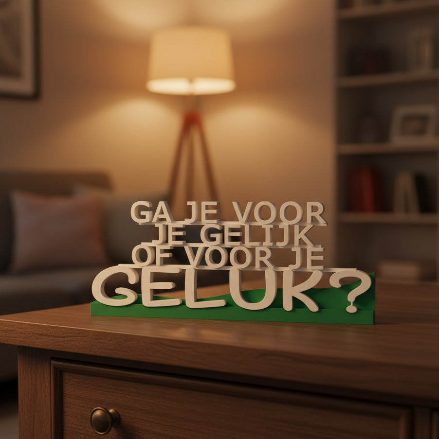 Detail van Ga je voor je gelijk of voor je geluk – typografisch 3D-design met krachtige boodschap