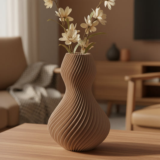 Toréva designvaas in lattebruin met droogbloemen op houten tafel