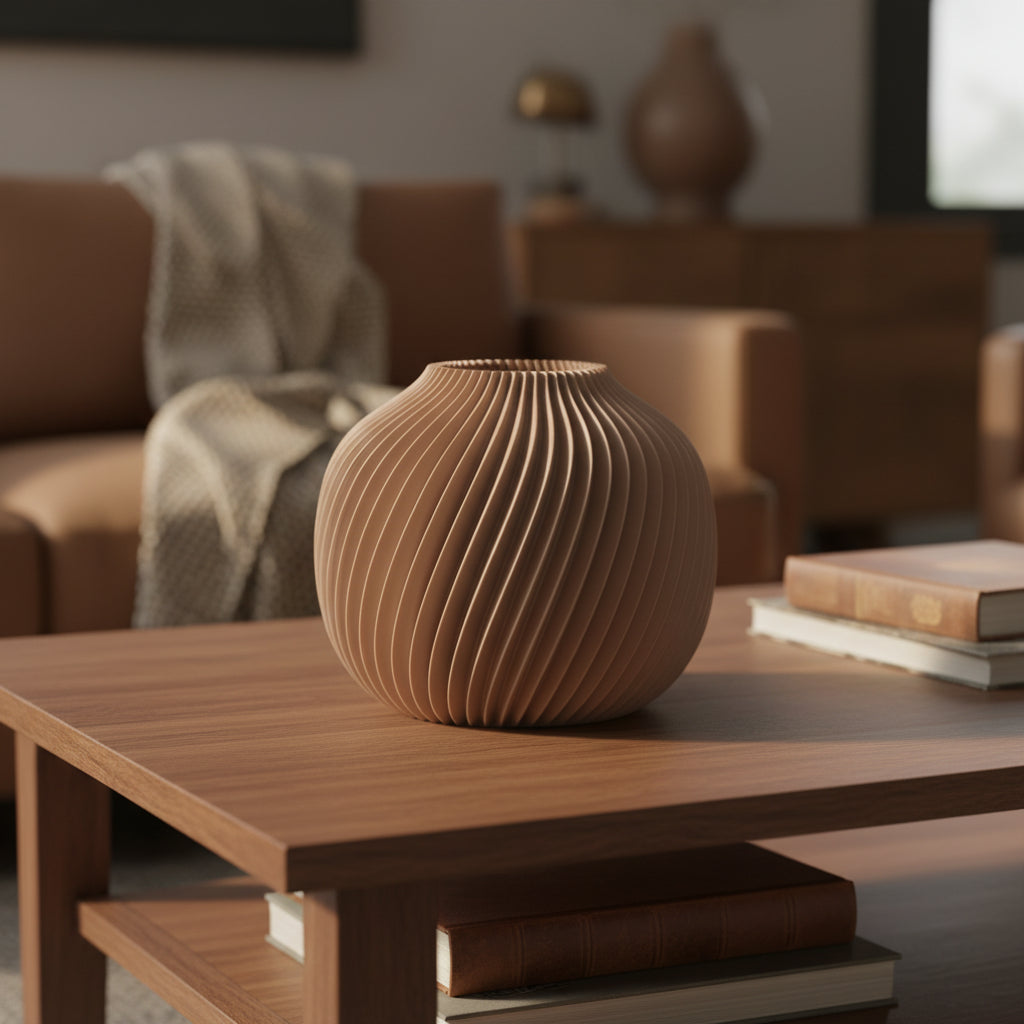 Orvella designvaas in lattebruin op houten tafel naast bank